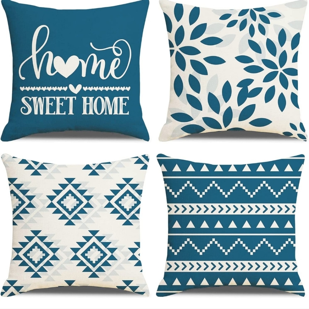 Blue Decorative Pillow Covers 16x16 Inch, Set of 4 Modern Geometric Pillow Cover